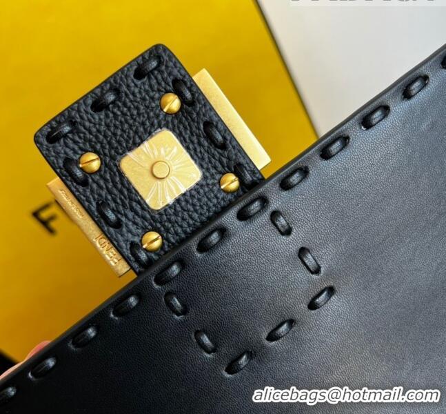 Super Quality Fendi Baguette Medium Bag in Grained Leather with oversize topstitching F1065 Black 2023