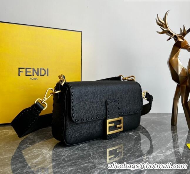 Super Quality Fendi Baguette Medium Bag in Grained Leather with oversize topstitching F1065 Black 2023