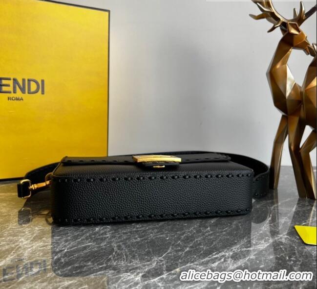 Super Quality Fendi Baguette Medium Bag in Grained Leather with oversize topstitching F1065 Black 2023