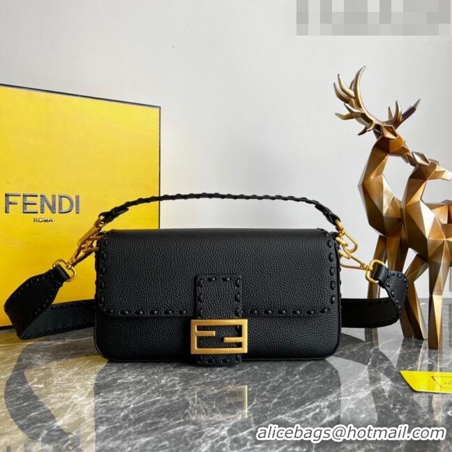 Super Quality Fendi Baguette Medium Bag in Grained Leather with oversize topstitching F1065 Black 2023