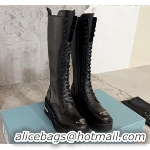 Top Grade Prada Calf Leather Platform High Boots 6cm with Front Logo Black 901119