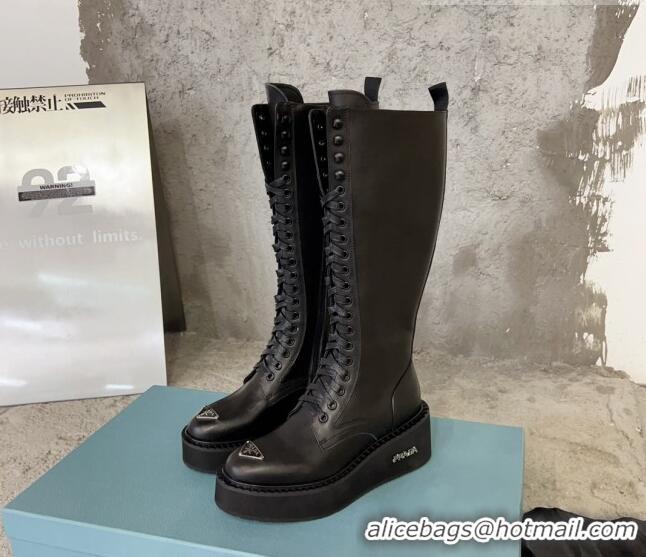 Top Grade Prada Calf Leather Platform High Boots 6cm with Front Logo Black 901119