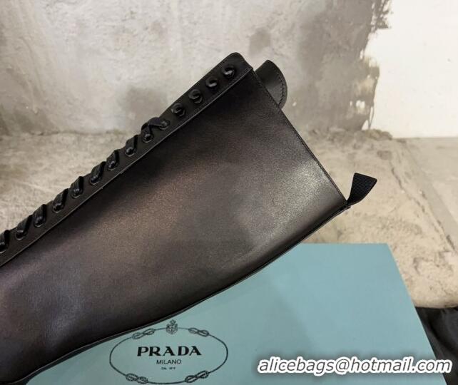 Top Grade Prada Calf Leather Platform High Boots 6cm with Front Logo Black 901119