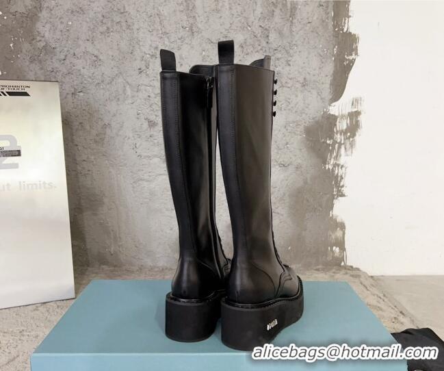 Top Grade Prada Calf Leather Platform High Boots 6cm with Front Logo Black 901119