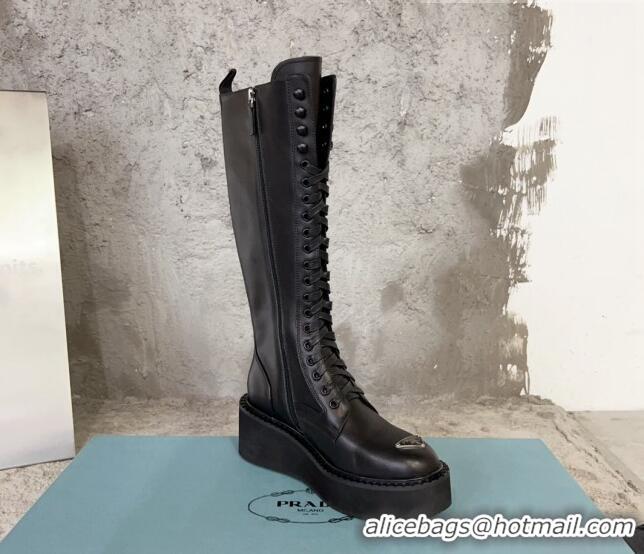 Top Grade Prada Calf Leather Platform High Boots 6cm with Front Logo Black 901119