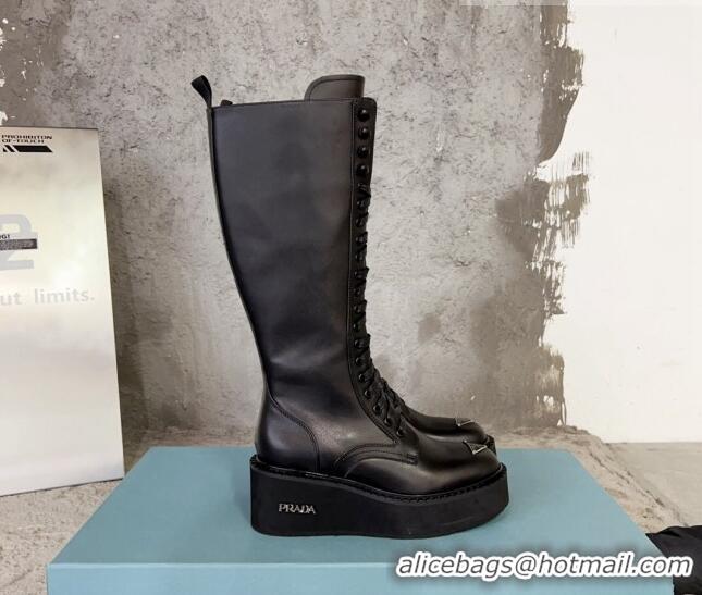 Top Grade Prada Calf Leather Platform High Boots 6cm with Front Logo Black 901119