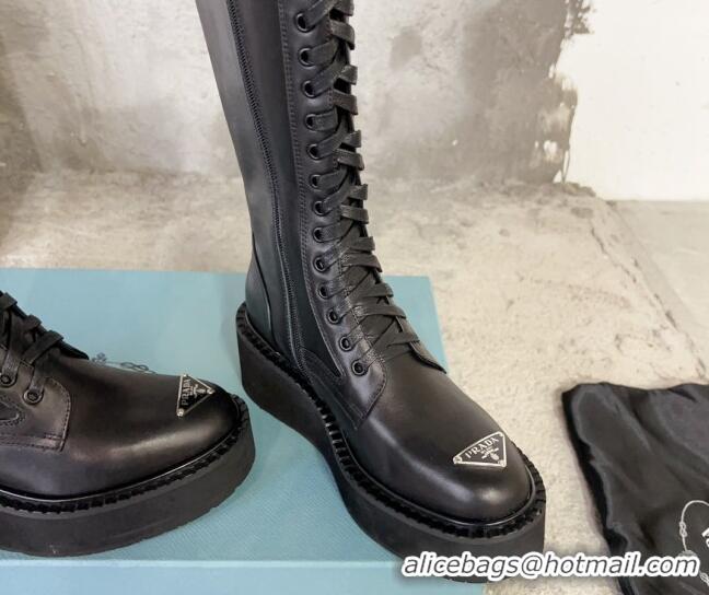 Top Grade Prada Calf Leather Platform High Boots 6cm with Front Logo Black 901119