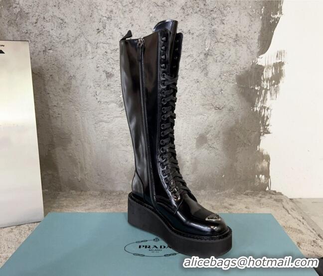 Perfect Prada Brushed Leather Platform High Boots 6cm with Front Logo Black 901120