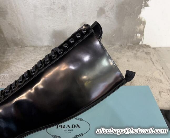 Perfect Prada Brushed Leather Platform High Boots 6cm with Front Logo Black 901120