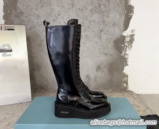 Perfect Prada Brushed Leather Platform High Boots 6cm with Front Logo Black 901120