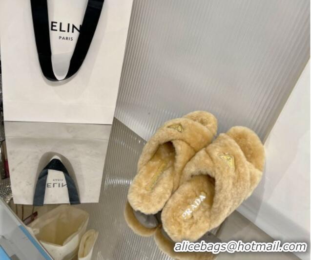 Charming Prada Wool Flat Slide Sandals with Cross Strap Yellow 091199