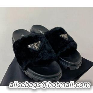 Luxurious Prada Wool Flat Slide Sandals with Logo Black 911103