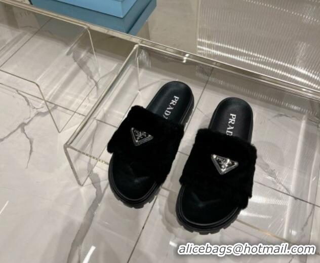 Luxurious Prada Wool Flat Slide Sandals with Logo Black 911103