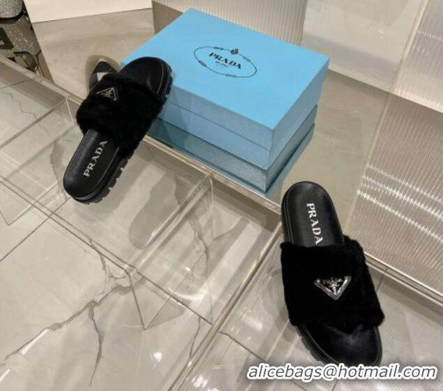 Luxurious Prada Wool Flat Slide Sandals with Logo Black 911103