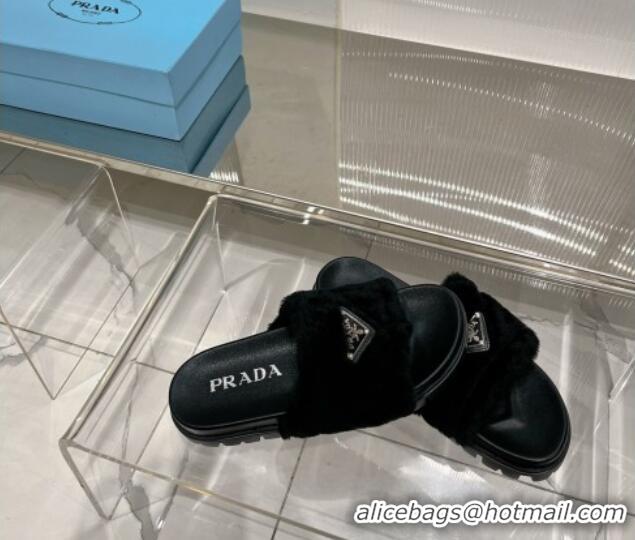 Luxurious Prada Wool Flat Slide Sandals with Logo Black 911103