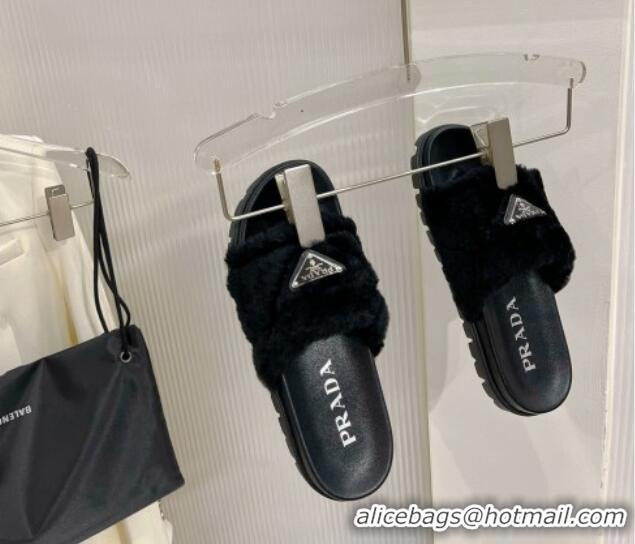 Luxurious Prada Wool Flat Slide Sandals with Logo Black 911103