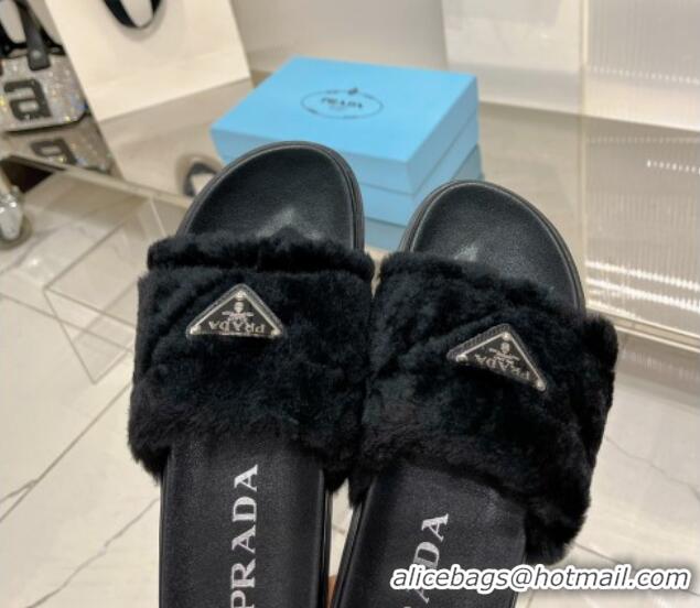 Luxurious Prada Wool Flat Slide Sandals with Logo Black 911103