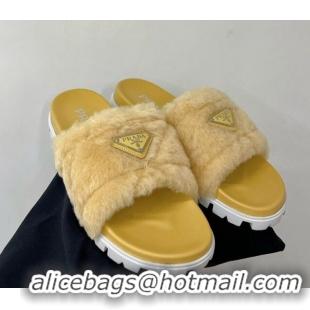 Best Grade Prada Wool Flat Slide Sandals with Logo Yellow 911104