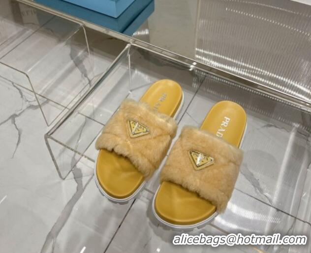 Best Grade Prada Wool Flat Slide Sandals with Logo Yellow 911104