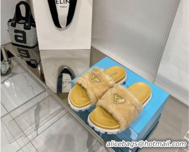 Best Grade Prada Wool Flat Slide Sandals with Logo Yellow 911104