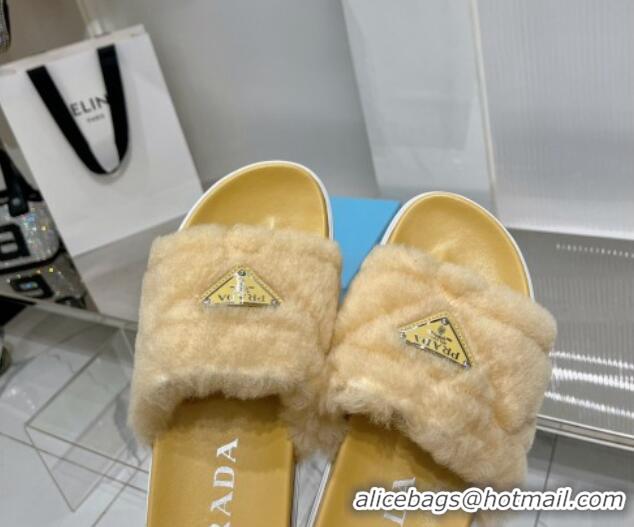 Best Grade Prada Wool Flat Slide Sandals with Logo Yellow 911104