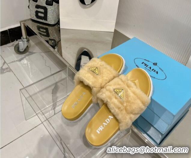 Best Grade Prada Wool Flat Slide Sandals with Logo Yellow 911104