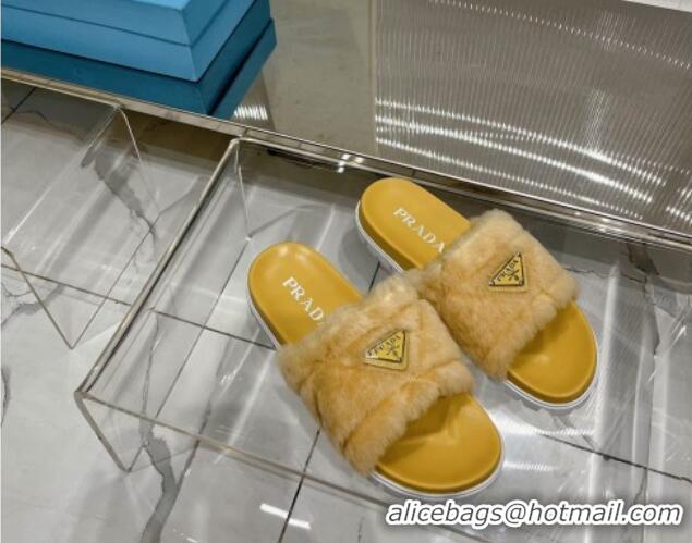 Best Grade Prada Wool Flat Slide Sandals with Logo Yellow 911104