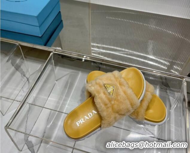 Best Grade Prada Wool Flat Slide Sandals with Logo Yellow 911104