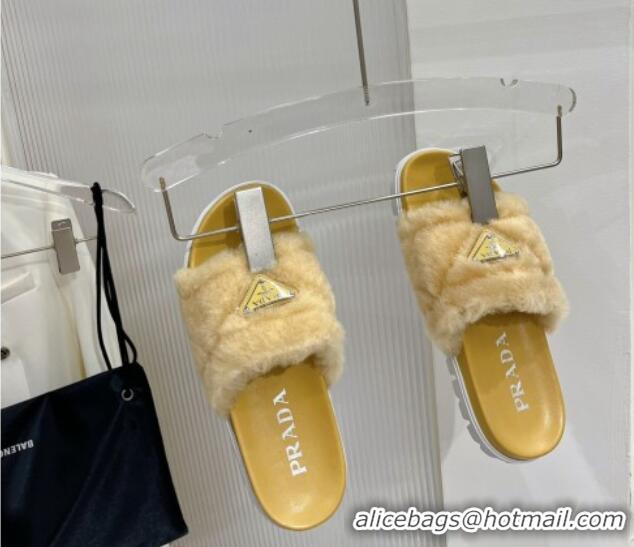 Best Grade Prada Wool Flat Slide Sandals with Logo Yellow 911104