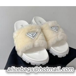 Low Price Prada Wool Flat Slide Sandals with Logo White 911105