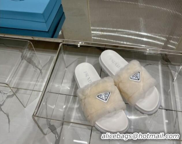 Low Price Prada Wool Flat Slide Sandals with Logo White 911105