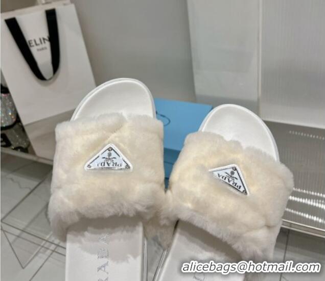 Low Price Prada Wool Flat Slide Sandals with Logo White 911105