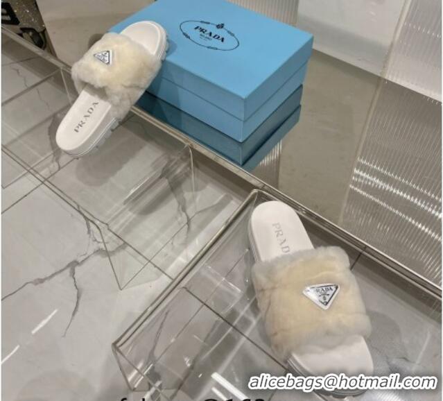 Low Price Prada Wool Flat Slide Sandals with Logo White 911105