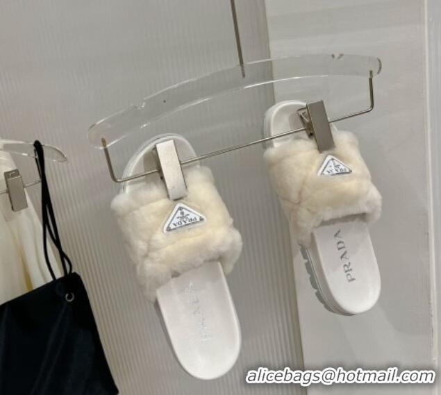 Low Price Prada Wool Flat Slide Sandals with Logo White 911105