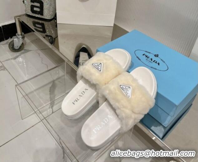 Low Price Prada Wool Flat Slide Sandals with Logo White 911105