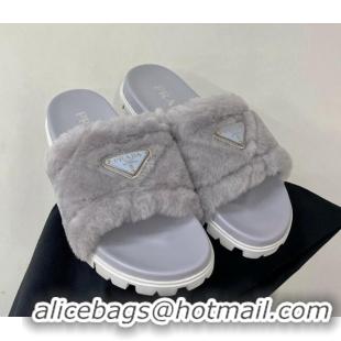 Unique Style Prada Wool Flat Slide Sandals with Logo Grey 911106