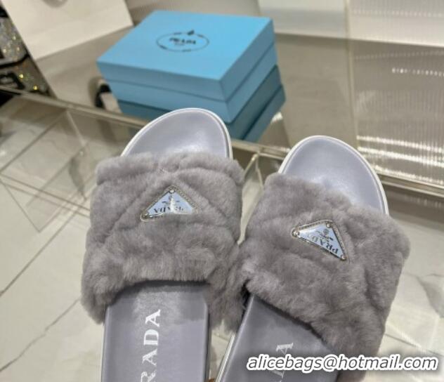 Unique Style Prada Wool Flat Slide Sandals with Logo Grey 911106