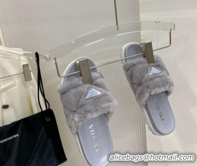 Unique Style Prada Wool Flat Slide Sandals with Logo Grey 911106