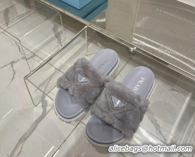 Unique Style Prada Wool Flat Slide Sandals with Logo Grey 911106