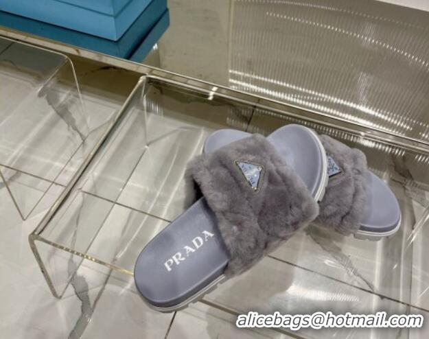 Unique Style Prada Wool Flat Slide Sandals with Logo Grey 911106