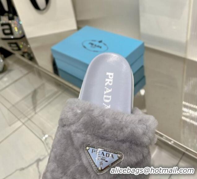 Unique Style Prada Wool Flat Slide Sandals with Logo Grey 911106