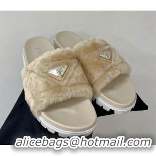 Purchase Prada Wool Flat Slide Sandals with Logo Beige 911107