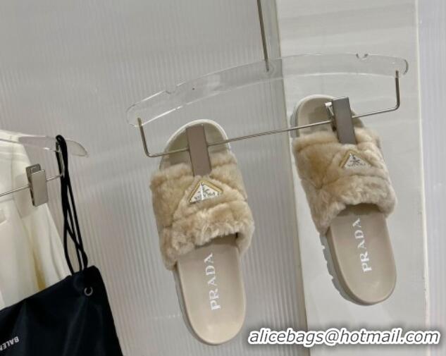 Purchase Prada Wool Flat Slide Sandals with Logo Beige 911107