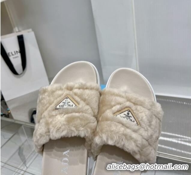 Purchase Prada Wool Flat Slide Sandals with Logo Beige 911107