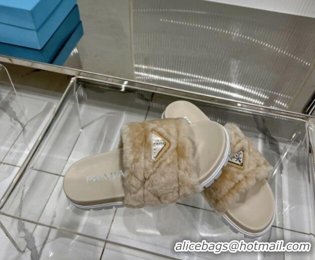 Purchase Prada Wool Flat Slide Sandals with Logo Beige 911107