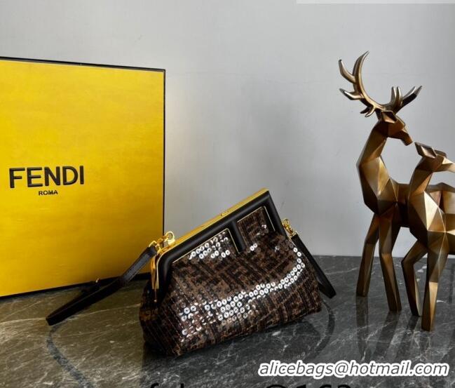 Cheapest Fendi Fendi First Small Bag in FF jacquard fabric bag with sequins FD1070 Brown 2023