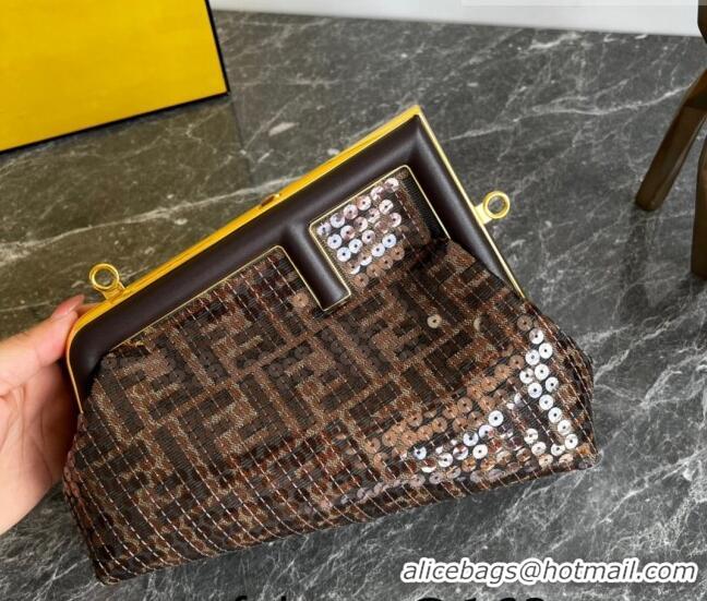 Cheapest Fendi Fendi First Small Bag in FF jacquard fabric bag with sequins FD1070 Brown 2023