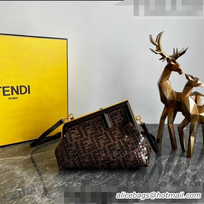 Cheapest Fendi Fendi First Small Bag in FF jacquard fabric bag with sequins FD1070 Brown 2023