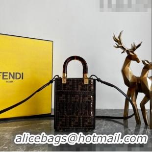 Inexpensive Fendi Mini Sunshine Shopper Tote Bag in Brown FF jacquard fabric bag with sequins FD1071 2023