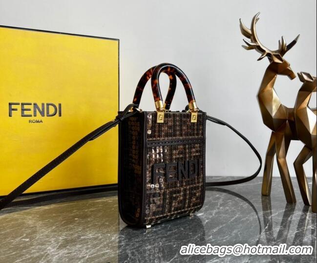 Inexpensive Fendi Mini Sunshine Shopper Tote Bag in Brown FF jacquard fabric bag with sequins FD1071 2023